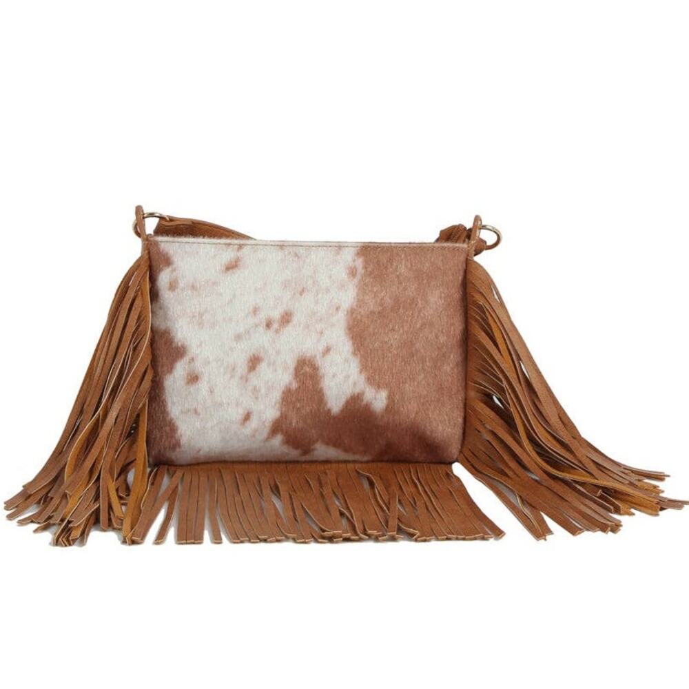 Brown Vegan Cowhide Fringe Crossbody Bag | Western Hair-On Shoulder Bag